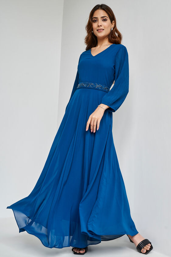 Teal Solid Flared Gown, Teal, image 3